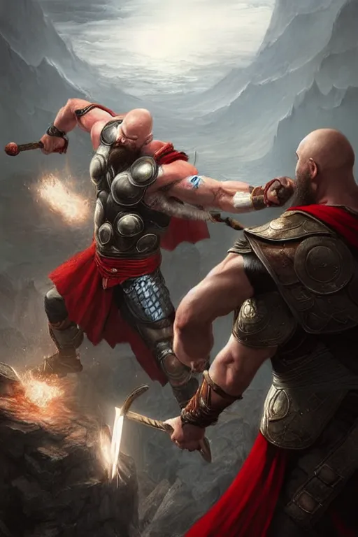 Prompt: kratos vs thor in valhalla, highly detailed, digital painting, artstation, concept art, smooth, sharp focus, illustration, unreal engine 5, 8 k, art by artgerm and greg rutkowski and edgar maxence