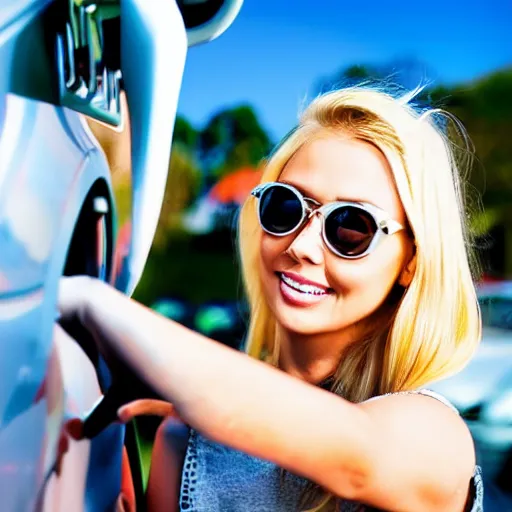 Image similar to petrol station expensive fuel blonde woman nice car cartoon style sunny weather close up shot surprised expression decent clothes