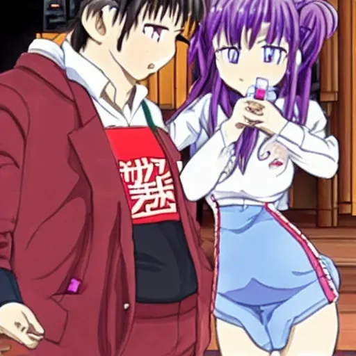 Image similar to kagami sumika from Muv-Luv eating a pizza with George Lucas