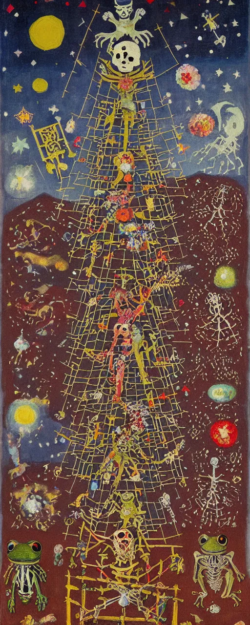 Image similar to pixel decollage painting tarot lovers card composition tower of babel road red armor maggot bear and wonky alien frog skeleton knight on a horse in a dark red cloudy night sky with golden foil jewish stars, occult symbols and diamonds, mountain lake and blossoming field in background, painted by Mark Rothko, Helen Frankenthaler, Danny Fox and Hilma af Klint, pixelated, neo expressionism, semi naive, pastel colors, cinematic, color field painting, cave painting, voxel, pop art look, outsider art, minimalistic. Bill Traylor painting, part by Philip Guston and Francis Bacon. art by Adrian Ghenie, very coherent symmetrical artwork, cinematic, hyper realism, high detail, octane render, unreal engine, Smooth gradients, depth of field, full body character drawing, extremely detailed, 8k, extreme detail, intricate detail, masterpiece