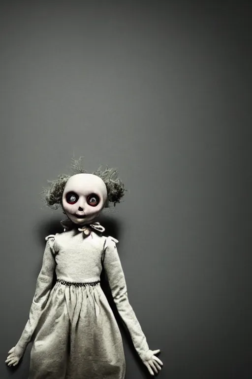 Prompt: a photo graph of a tpose creepy doll on black back ground