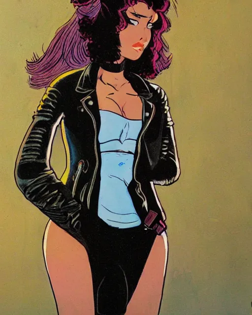 Image similar to young female protagonist in leather jacket, city street, artwork by ralph bakshi