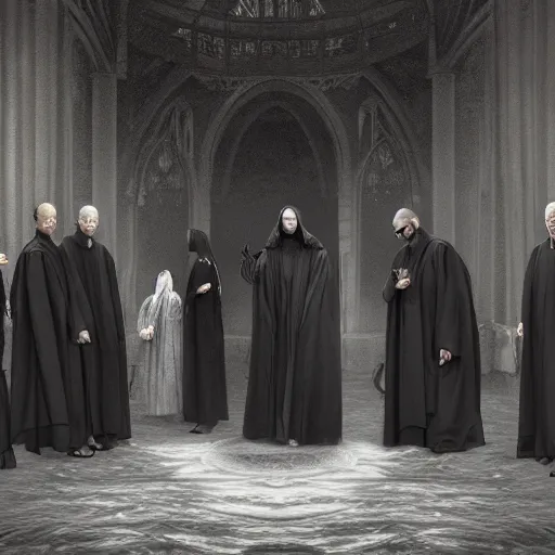 Image similar to a detailed matte painting of a group of 7 senior priests in black robes with their hood up and pitch black eyes, concept art, incense smoke drifting through the air, portrait, artstation, volumetric lighting, exquisite detail, octane render, 8 k postprocessing, art by john collier and albert aublet and artem demura and alphonse mucha