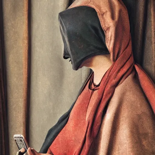 Prompt: 1 4 th century woman!!!! with an iphone in her hand, 4 k, 8 k, photorealistic imagery