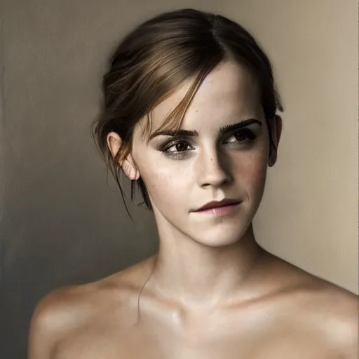Image similar to Emma Watson in a nymph costume striking a pose, naturist, portrait photography oil on canvas, intricate, portrait, 8k highly professionally detailed, HDR, CGsociety