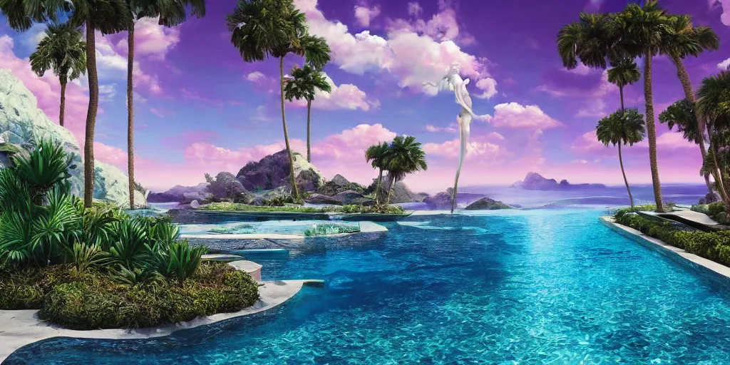 Image similar to masterpiece, hyperrealistic surrealism, award winning masterpiece with incredible details, epic stunning, infinity pool, a surreal vaporwave liminal space, highly detailed, trending on ArtStation, calming, meditative, pink arches, flowing silk sheets, palm trees, very vaporwave, very very surreal, sharp details, dreamscape