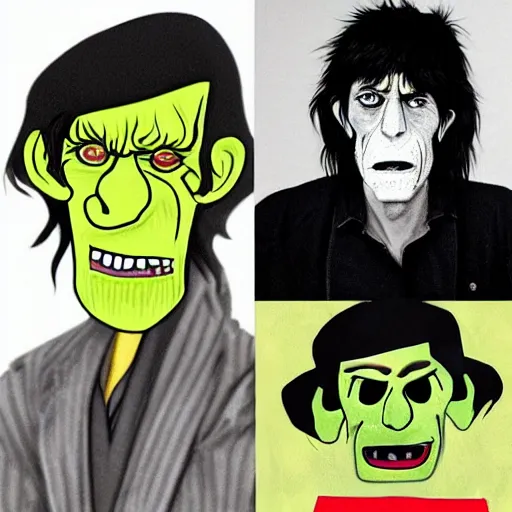 Image similar to Murdoc is based on Keith Richards of The Rolling Stones.sickly green colored skin, and yellow colored eyes, with a red pupil in his right eye. He also has a misshapen nose and sharp yellow teeth and a large grin. He has a black mop top that covers a portion of his face and hides his eyebrows, wearing a grey or black sweater and grey or blue jeans with cuban heel boots and an inverted cross necklace. He sometimes wears a purple and red cape