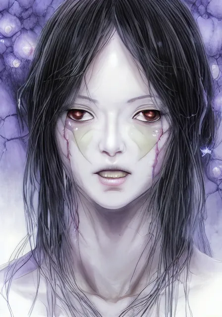 Image similar to beautiful portrait of a slime woman's face by aramaki shinji, amano yoshitaka, junji ito, tsutomu nihei, lilia alvarado, 8 k, hd