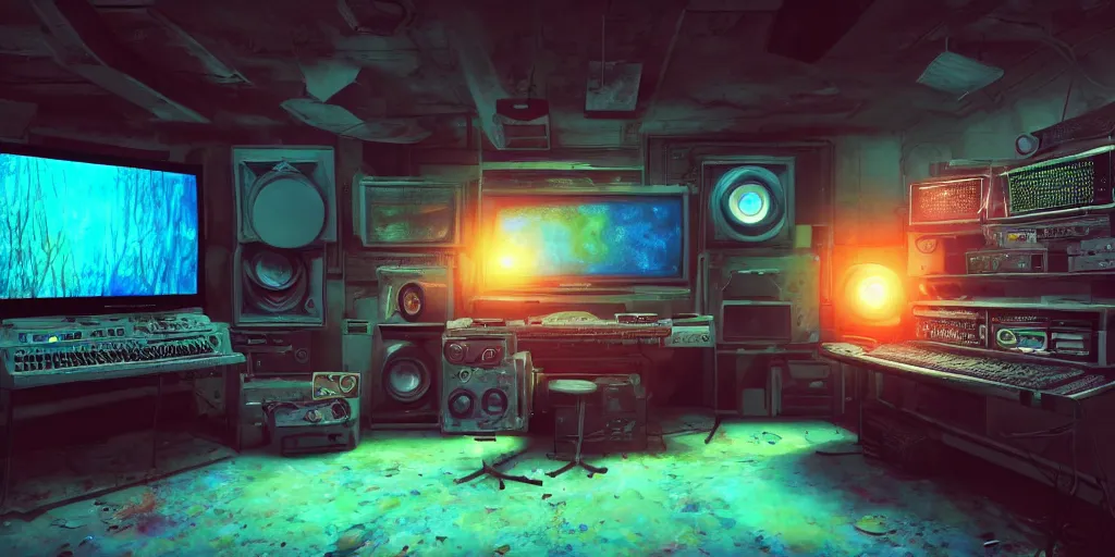 Prompt: A realistic painting of a vintage CRT computer, with a psychedelic mushroom on the screen, in a post apocalyptic recording studio, unreal 5, DAZ, hyperrealistic, octane render, RPG portrait, dynamic lighting,