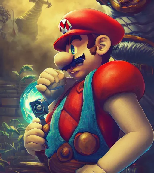 Prompt: an epic fantasy comic book style portrait painting of a trading card that shows super mario with cybernetic enhancements, studio ghibli, unreal 5, daz, hyperrealistic, octane render, cosplay, rpg portrait, dynamic lighting, intricate detail, harvest fall vibrancy, cinematic, mechanical, steampunk