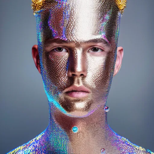 Prompt: a portrait of a beautiful young male wearing an alexander mcqueen armor made of holographic bubbles , photographed by andrew thomas huang, artistic