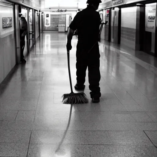 Prompt: A photo of a janitor sweeping a subway station, award-winning photography