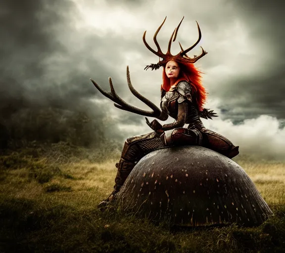 Image similar to a photo of an armored woman warrior redhead with antlers sitting facing backwards on a giant mushroom that covers a whole village and reaches above the clouds by luis royo. intricate. lifelike. soft light. sony a 7 r iv 5 5 mm. cinematic post - processing