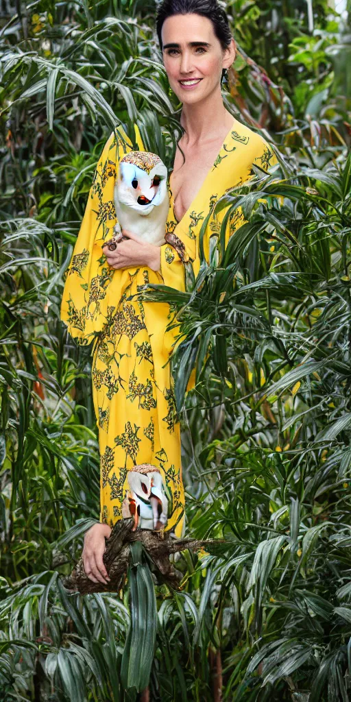 Prompt: Large format Portrait of Jennifer Connelly wearing a yellow kimono in a tropical greenhouse with a very detailed barn owl on her shoulder, medium format camera, 85mm f1.8, bokeh, sharp focus, detailed, centered, Fashion shoot 8k, dreamy, elegant