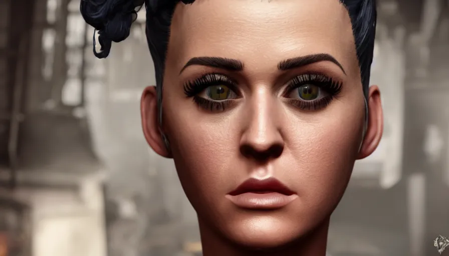 Prompt: closeup fallout 4 character screenshot of katy perry, enb, ambient occlusion, subsurface scattering, solo portrait, 4 k, bokeh, beautiful, detailed