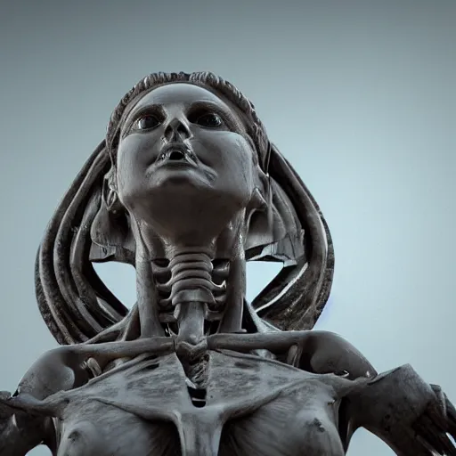 Image similar to goddess statue with skeletal face, dramatic atmosphere, 4 k, unreal engine