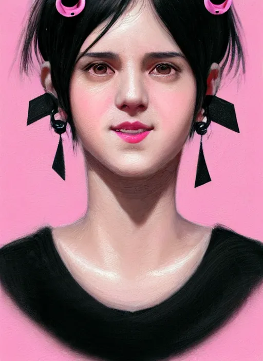 Image similar to portrait of teenage girl, realistic, black hair, bangs, half updo hairstyle, pointy nose, skinny, smile, ugly, defined jawline, big chin, pink hair bow, earrings, intricate, elegant, glowing lights, highly detailed, digital painting, artstation, sharp focus, illustration, art by wlop, mars ravelo and greg rutkowski