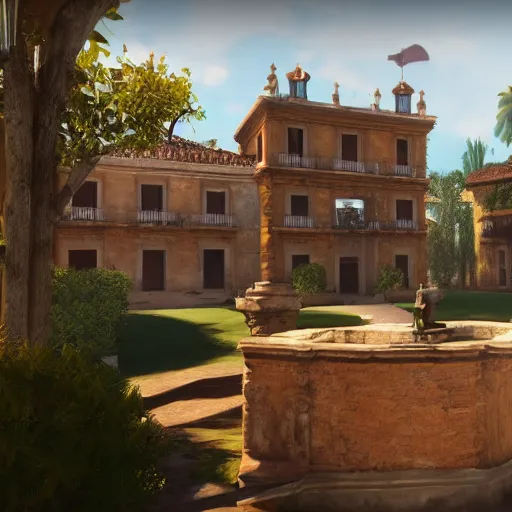 Prompt: a spanish colonial mansion, assassins creed screenshot