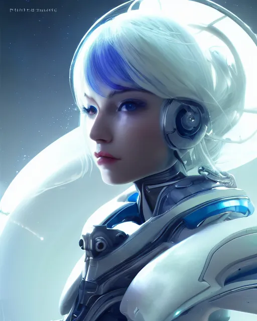 Image similar to perfect android girl on a mothership, warframe armor, beautiful face, scifi, futuristic, galaxy, nebula, raytracing, dreamy, long white hair, blue cyborg eyes, sharp focus, cinematic lighting, highly detailed, artstation, divine, by gauthier leblanc, kazuya takahashi, huifeng huang