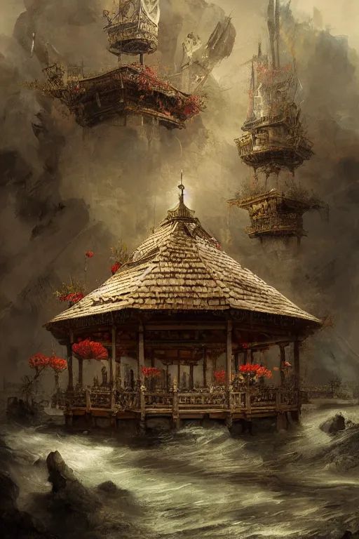 Prompt: digital oil painting of bleeding meat pavillon, on the silk of seas and arctic flowers, rembrandt style, elegant, highly detailed, artstation, concept art, matte, sharp focus, art by tom bagshaw, kelogsloops and greg rutkowski