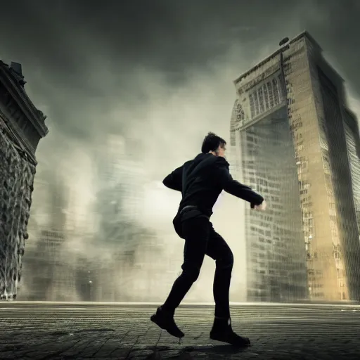 Image similar to fantasy book cover, dramatic shot of a man running out of a building, ultradetailed, wallpaper, 4k, prismatic
