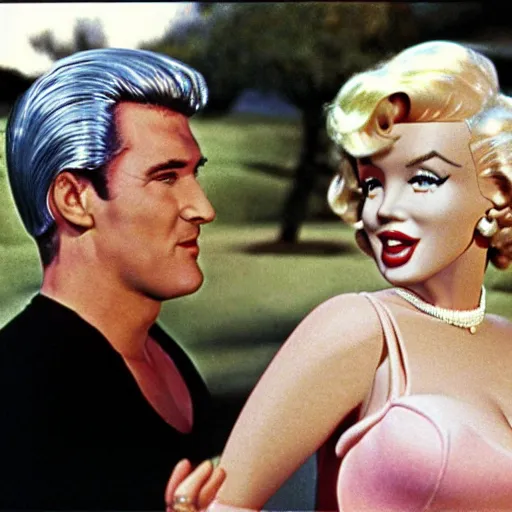 Image similar to Marilyn Monroe as Barbie and Rock Hudson as Ken in the Barbie movie from 1963 set in the big house on Malibu