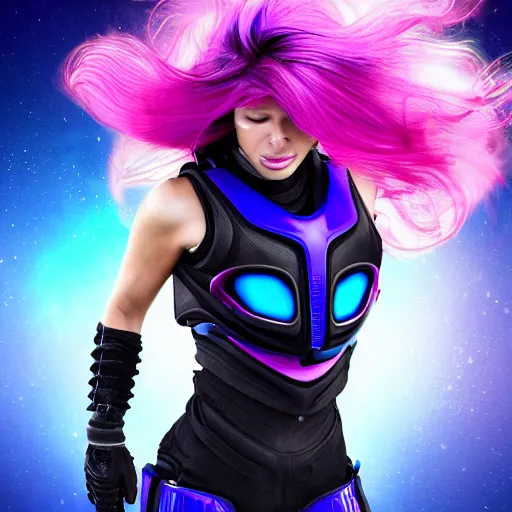 Image similar to a award winning action upper body portrait of a beautiful woman with a ombre purple pink hairstyle with head in motion and hair flying while wearing futuristic navy blue bodyarmor and pauldrons, outrun, vaporware, highly detailed, fine detail, intricate