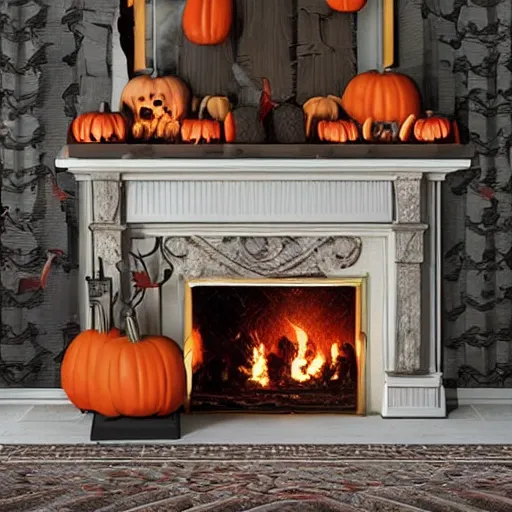 Image similar to a realistic photo of a fireplace mantle decorated for halloween, with black bats on the wall, and pumpkins on the floor, photorealism, dramatic lighting