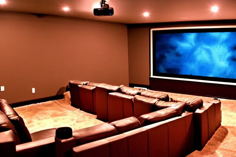 Prompt: very wide view of a modern home movie theater with giant projector screen!!, detailed art deco decoration!, wall lights, plant, popcorn machine, beautiful watercolor painting!!!, trending on artstation