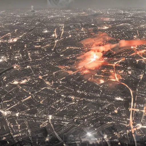 Prompt: bombing raid from aerial view world war 2 fire, london, volumetric lighting, nighttime