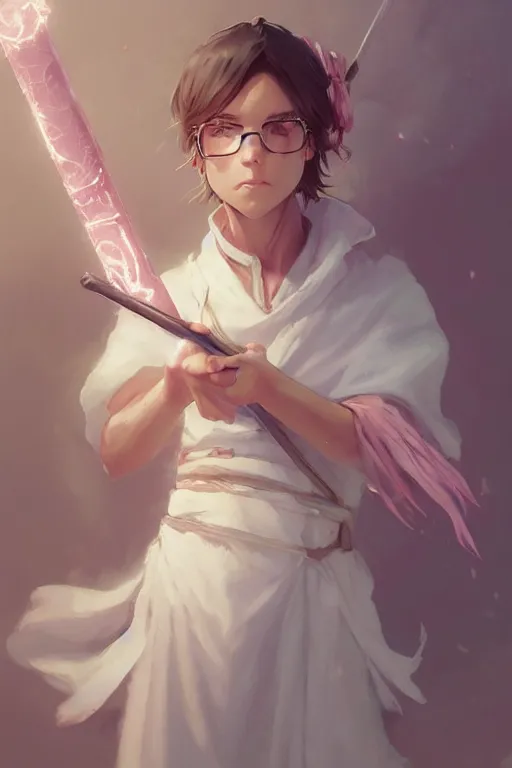 Image similar to 3 / 4 portrait of a cute white mage with a staff, soft, pink, artgerm and and greg rutkowski, trending on artstation