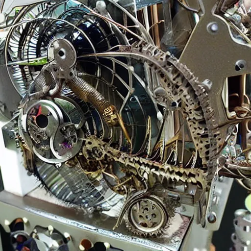 Image similar to complex intricate moving mechanism made of insects and bugs and beetles, electromechanical machine