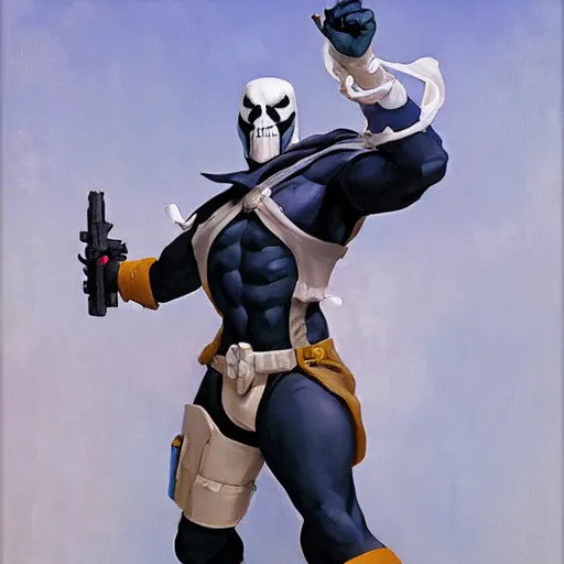 Image similar to greg manchess painting of taskmaster as an overwatch character, profile picture, matte painting, bold shapes, hard edges, street art, trending on artstation, by huang guangjian and gil elvgren and sachin teng