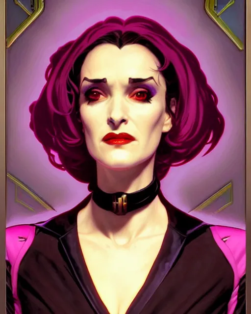 Image similar to winona ryder as scream queen, supervillain, villainess, pulp femme fatale, comic cover painting, masterpiece artstation. 8 k, sharp high quality artwork in style of wayne reynolds, alphonse mucha, greg rutkowski, and don bluth, concept art by jack kirby, blizzard warcraft artwork, hearthstone card game artwork