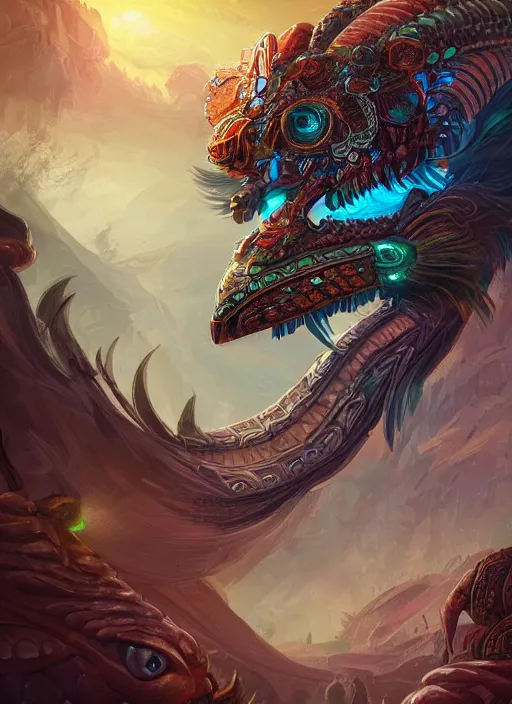 Image similar to a highly detailed illustration of mayan quetzalcoatl, glowing eyes, ancient mayan background, feathers, intricate, epic, highly detailed, centered, digital painting, artstation, concept art, smooth, sharp focus, league of legends concept art, wlop