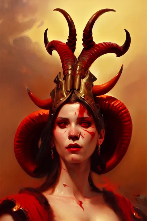 Image similar to painted close - up portrait of a attractive red - skinned intimidating demon girl with ram horns. oil painting, wearing a noblewoman's outfit, fantasy art by greg rutkowski and john singer sargent and gaston bussiere and greg rutkowski, demon noble character design, hd