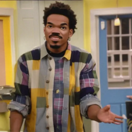 Image similar to a tv still of Chance The Rapper starring as a black college student at Jones College Prep in a 1993 sitcom