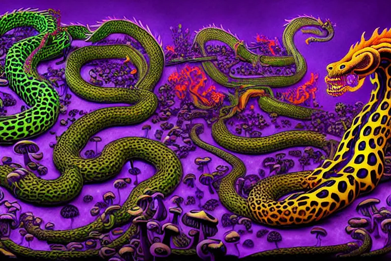 Image similar to a detailed digital art painting of a cyberpunk magick oni dragon with occult futuristic effigy of a beautiful field of mushrooms that is a adorable leopard atomic latent snakes in between ferret biomorphic molecular hallucinations in the style of escher, alex grey, stephen gammell inspired by realism, symbolism, magical realism and dark fantasy, crisp,