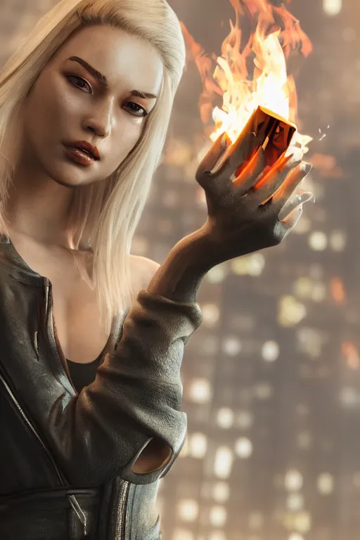 Image similar to beautiful blonde woman with fire in her hand, cyberpunk, behind her a city during the end of the world, realistic, high definition, many details, symmetrical face, realistic eyes, art of unreal engine 5