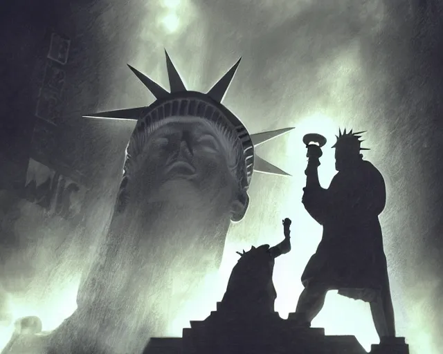 Prompt: giant Donald Trump punching the Statue of Liberty in Manhattan, post apocalyptic New York, craig mullins, dramatic lighting, very detailed