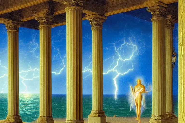 Image similar to Occult spirit on front of balustrade and palace columns, refracted lightnings on the ocean, thunderstorm, tarot cards characters, beach and Tropical vegetation on the background major arcana sky and occult symbols, by paul delaroche, hyperrealistic 4k uhd, award-winning, very detailed paradise