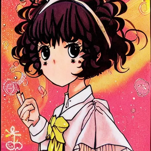 Prompt: a shoujo manga cover with a girl with big sparkly eyes and brown curly hair, in the style of naoko takeuchi ( 1 9 8 0 s )