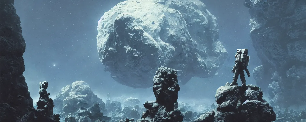 Image similar to ” asteroid with a giant roughly chiseled stone statue of an astronaut, [ by paul lehr, cinematic, detailed, epic, widescreen, opening, establishing, mattepainting, photorealistic, realistic textures, octane render ] ”