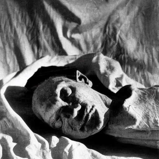 Image similar to black and white photograph the burned man tightly wrapped in linen portrait dramatic lighting by Walker Evans