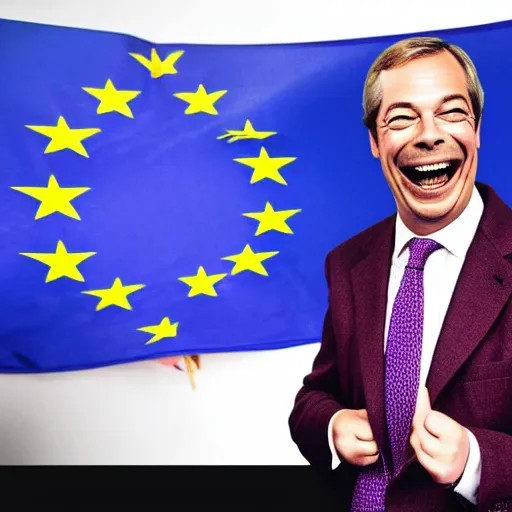 Image similar to nigel farage laughing holding burning eu flag, studio photograph, hd, studio