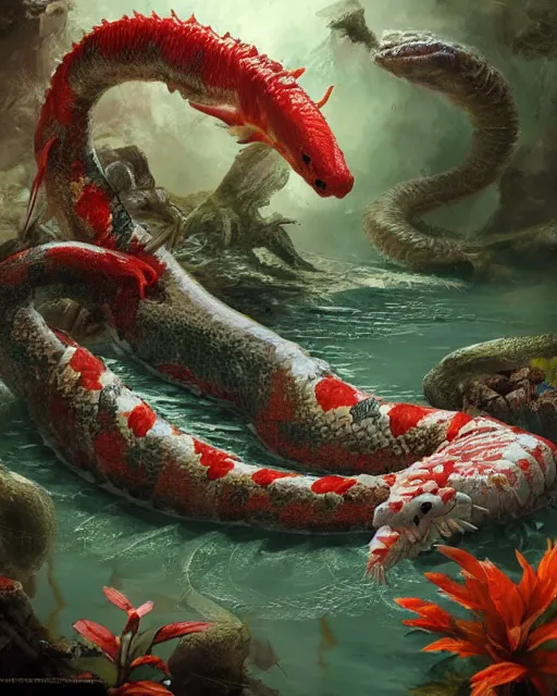 Image similar to game character beautiful giant kaiju sized pond serpent half fish half salamander, wet amphibious skin, red salamander, axolotl creature, koi pond, korean village by Ruan Jia and Gil Elvgren, fullbody