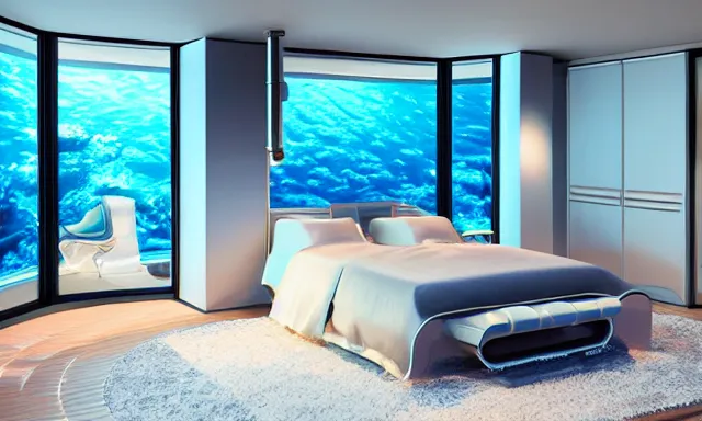 Image similar to a futuristic bedroom deep under the sea, photorealistic magazine picture, studio lighting, cozy, extremely detailed and realistic