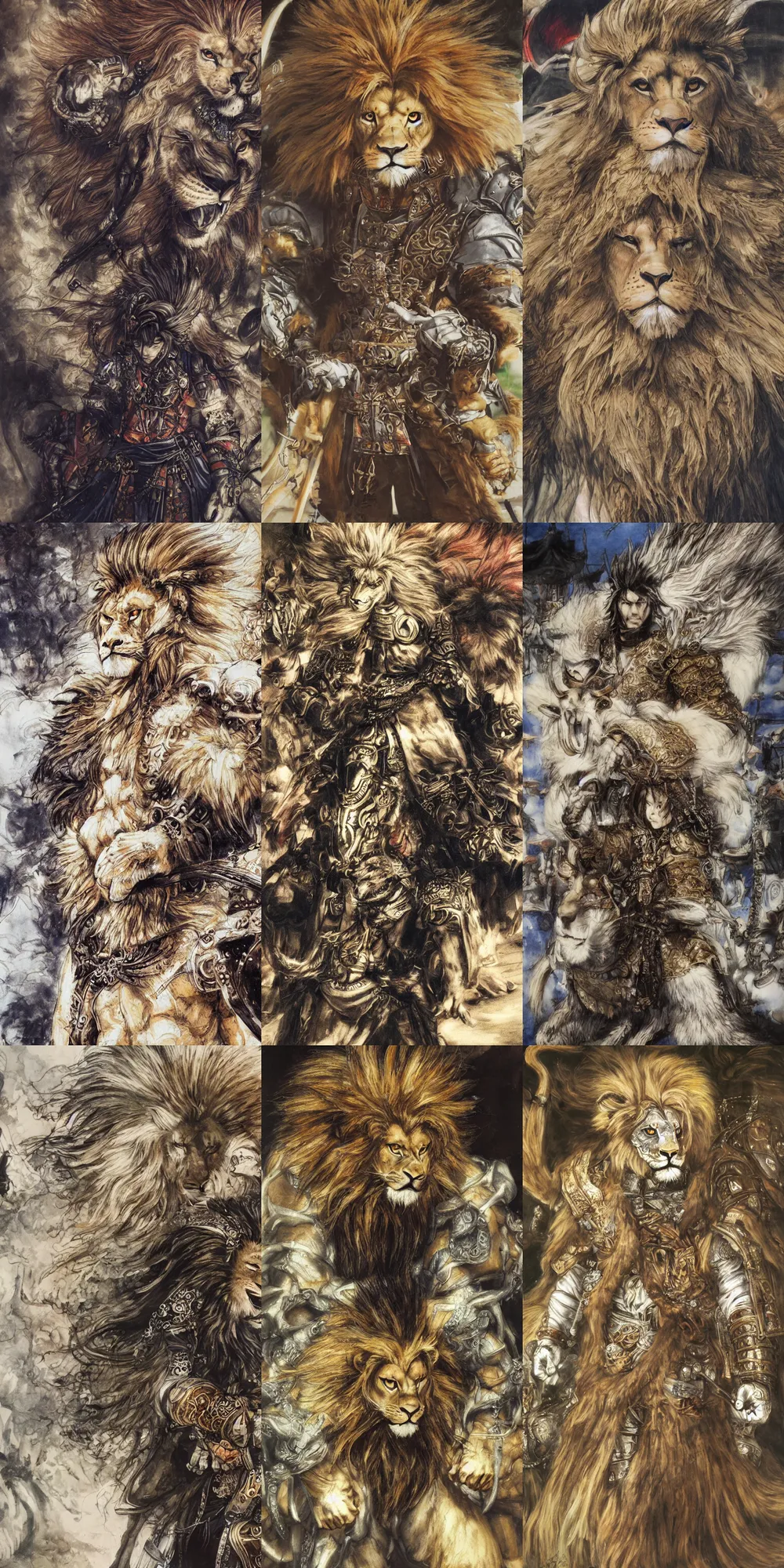 Image similar to 8 k yoshitaka amano painting of upper body of a young cool looking lion beastman with white mane at a medieval market at windy day. depth of field. he is wearing complex fantasy clothing. he has huge paws. renaissance style lighting.