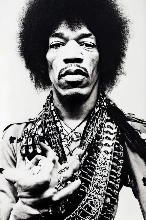 Prompt: photo of jimi hendrix styled by nick knight posing, showstudio, face close up, vogue magazine, 1 9 7 0, canon, highly realistic. high resolution. highly detailed. dramatic. 8 k. 4 k