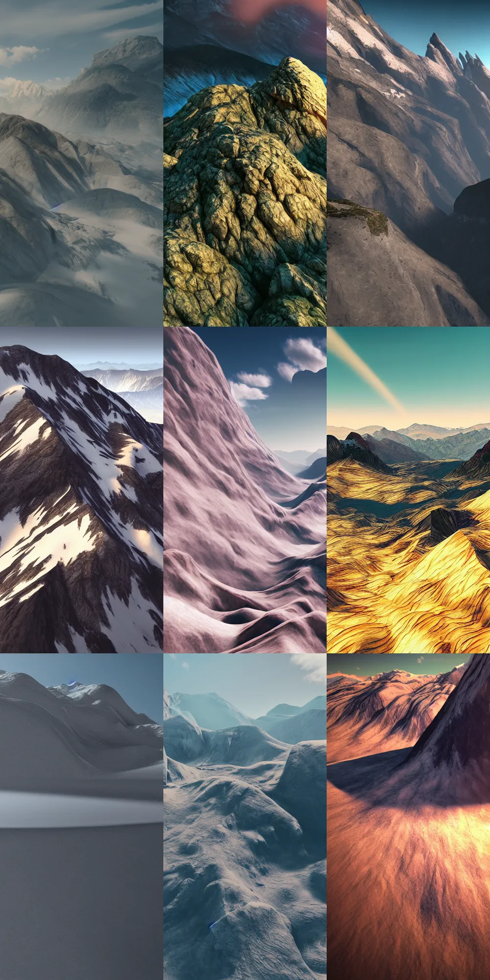 Prompt: vast mountain landscape, raytracing, 8k, octane render, volumetric, vivid, beautiful, hyperrealism”